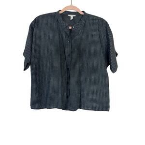 Eileen Fisher 100% Organic Linen Plaid Short Sleeve Button Boxy Top Size Small